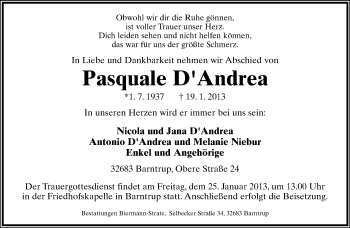 Anzeige  Pasquale D'Andrea  Lippische Landes-Zeitung