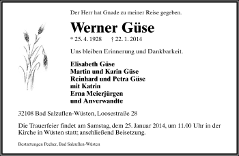 Anzeige  Werner Güse  Lippische Landes-Zeitung