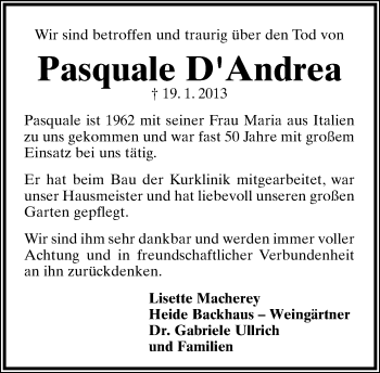 Anzeige  Pasquale D'Andrea  Lippische Landes-Zeitung