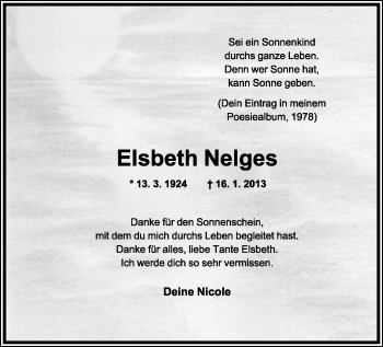 Anzeige  Elsbeth Nelges  Lippische Landes-Zeitung
