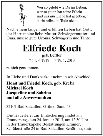 Anzeige  Elfriede Koch  Lippische Landes-Zeitung