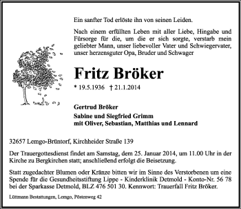 Anzeige  Fritz Bröker  Lippische Landes-Zeitung