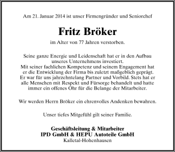 Anzeige  Fritz Bröker  Lippische Landes-Zeitung
