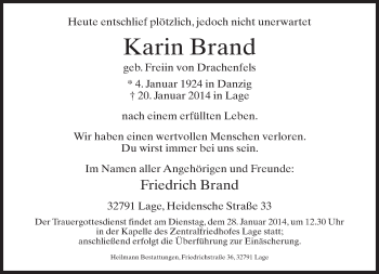 Anzeige  Karin Brand  Lippische Landes-Zeitung