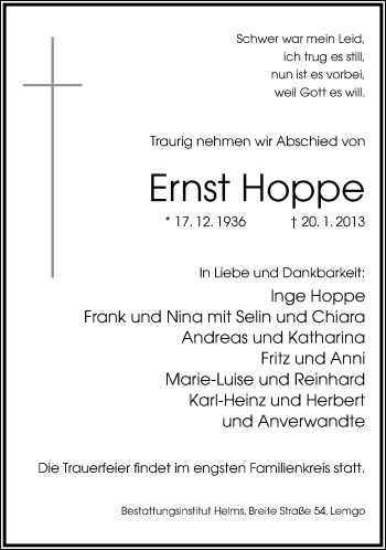 Anzeige  Ernst Hoppe  Lippische Landes-Zeitung