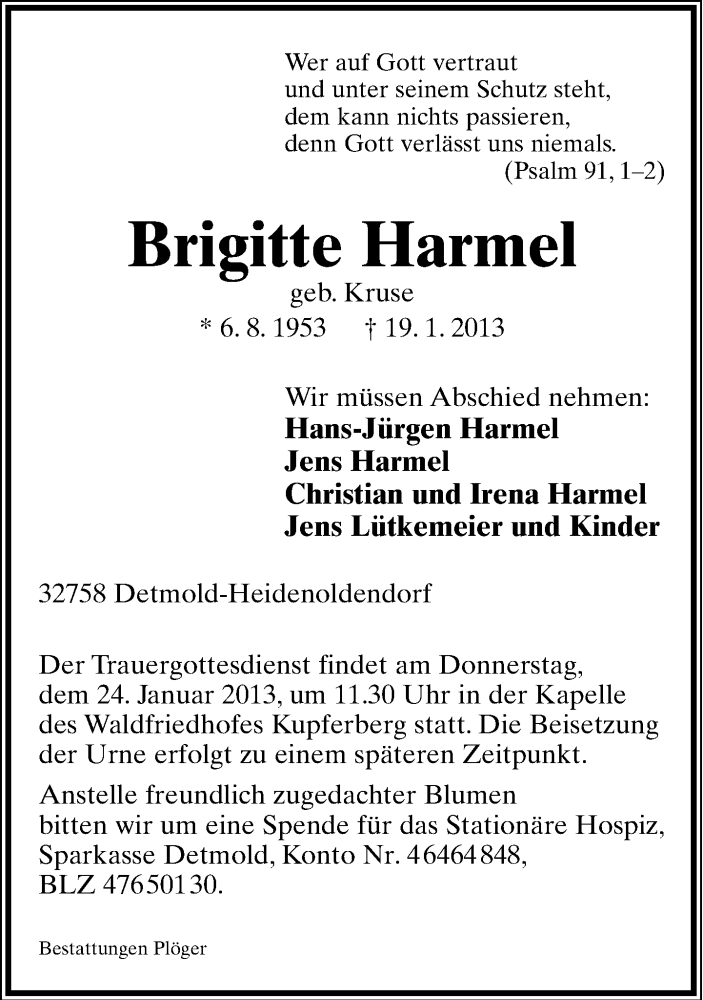 Traueranzeige für Brigitte Harmel vom 22.01.2013 aus Lippische Landes-Zeitung
