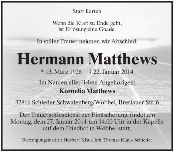 Anzeige  Hermann Matthews  Lippische Landes-Zeitung