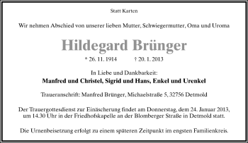 Anzeige  Hildegard Brünger  Lippische Landes-Zeitung
