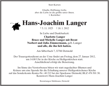 Anzeige  Hans-Joachim Langer  Lippische Landes-Zeitung