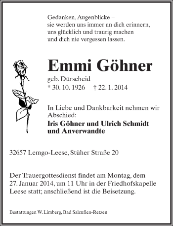 Anzeige  Emmi Göhner  Lippische Landes-Zeitung