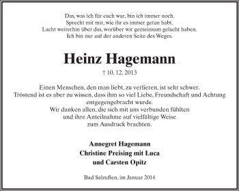 Anzeige  Heinz Hagemann  Lippische Landes-Zeitung