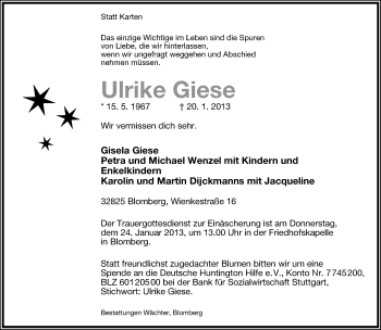 Anzeige  Ulrike Giese  Lippische Landes-Zeitung