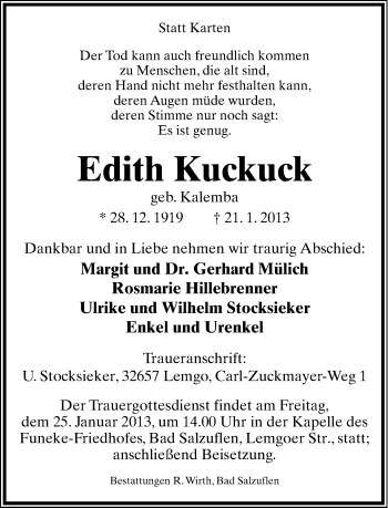 Anzeige  Edith Kuckuck  Lippische Landes-Zeitung