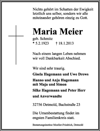 Anzeige  Maria Meier  Lippische Landes-Zeitung