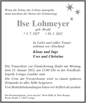 Anzeige  Ilse Lohmeyer  Lippische Landes-Zeitung