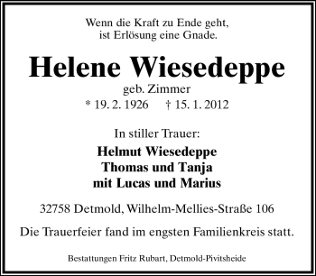 Anzeige  Helene Wiesedeppe  Lippische Landes-Zeitung