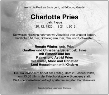 Anzeige  Charlotte Pries  Lippische Landes-Zeitung