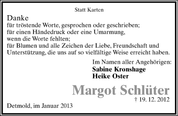 Anzeige  Margot Schlüter  Lippische Landes-Zeitung