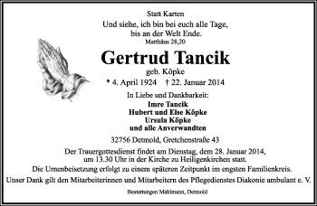 Anzeige  Gertrud Tancik  Lippische Landes-Zeitung