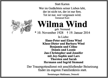 Anzeige  Wilma Wind  Lippische Landes-Zeitung