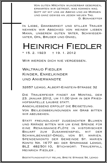 Anzeige  Heinrich Fiedler  Lippische Landes-Zeitung