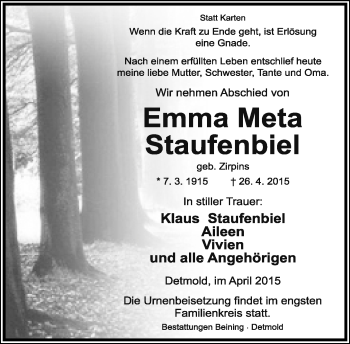 Anzeige  Emma Meta Staufenbiel  Lippische Landes-Zeitung
