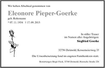 Anzeige  Eleonore Pieper-Goerke  Lippische Landes-Zeitung