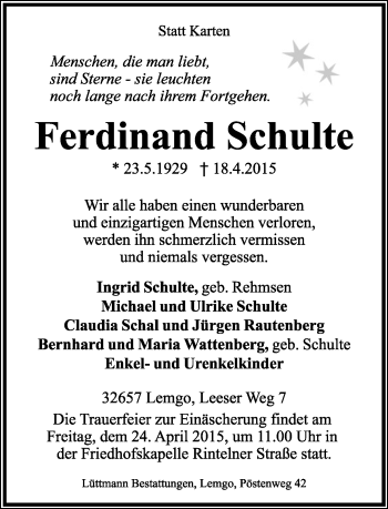 Anzeige  Ferdinand Schulte  Lippische Landes-Zeitung