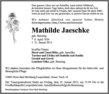 Anzeige  Mathilde Jaeschke  Lippische Landes-Zeitung