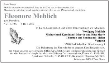 Anzeige  Eleonore Mehlich  Lippische Landes-Zeitung