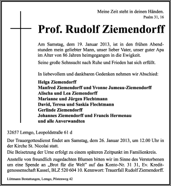 Anzeige  Rudolf Ziemendorff  Lippische Landes-Zeitung