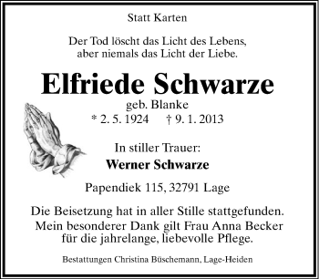 Anzeige  Elfriede Schwarze  Lippische Landes-Zeitung