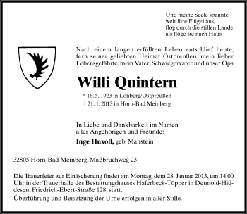 Anzeige  Willi Quintern  Lippische Landes-Zeitung