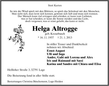 Anzeige  Helga Altrogge  Lippische Landes-Zeitung