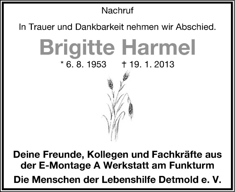 Traueranzeige für Brigitte Harmel vom 24.01.2013 aus Lippische Landes-Zeitung