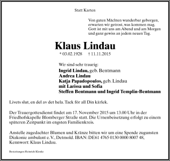 Anzeige  Klaus Lindau  Lippische Landes-Zeitung