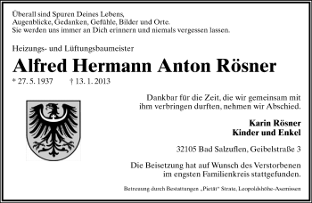 Anzeige  Alfred Hermann Anton Rösner  Lippische Landes-Zeitung