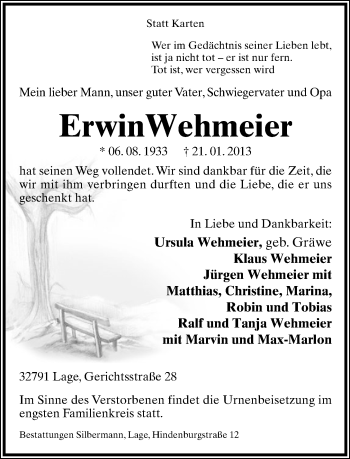 Anzeige  Erwin Wehmeier  Lippische Landes-Zeitung