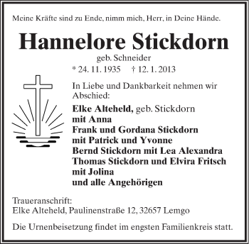 Anzeige  Hannelore Stickdorn  Lippische Landes-Zeitung