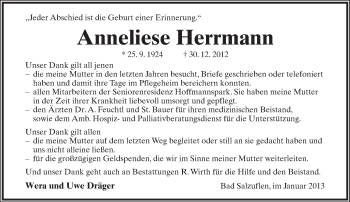 Anzeige  Anneliese Herrmann  Lippische Landes-Zeitung