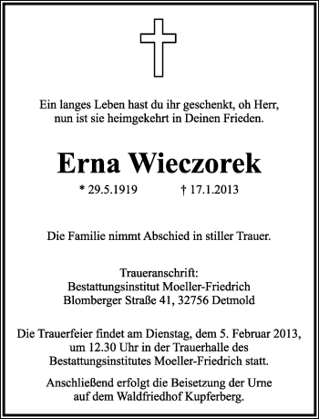 Anzeige  Erna Wieczorek  Lippische Landes-Zeitung