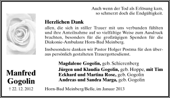 Anzeige  Manfred Gogolin  Lippische Landes-Zeitung