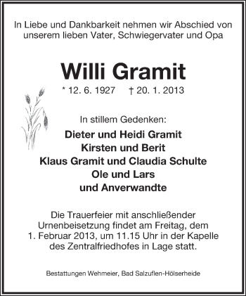Anzeige  Willi Gramit  Lippische Landes-Zeitung