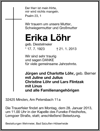 Anzeige  Erika Löhr  Lippische Landes-Zeitung