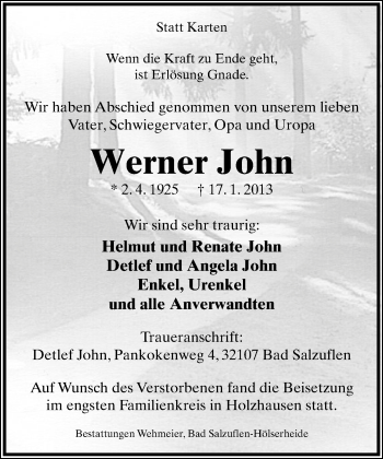 Anzeige  Werner John  Lippische Landes-Zeitung