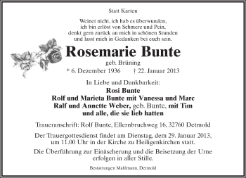 Anzeige  Rosemarie Bunte  Lippische Landes-Zeitung
