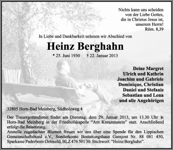 Anzeige  Heinz Berghahn  Lippische Landes-Zeitung