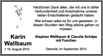 Anzeige  Karin Wallbaum  Lippische Landes-Zeitung