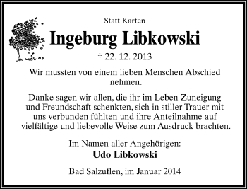 Anzeige  Ingeburg Libkowski  Lippische Landes-Zeitung
