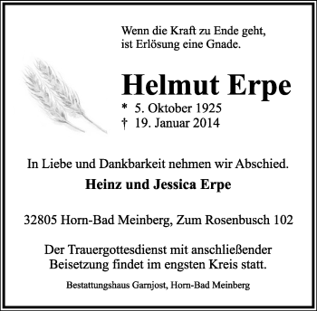 Anzeige  Helmut Erpe  Lippische Landes-Zeitung